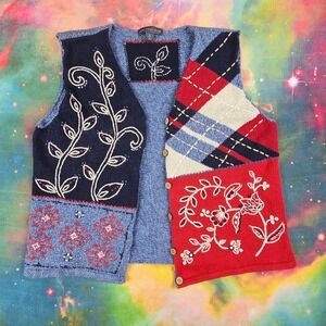 Vintage Argyle Floral‎ Embroidered Knit Sweater Vest Sleeveless Top